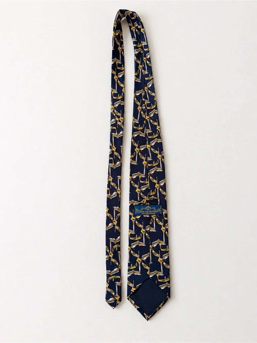 Vintage Italian Venice Gondola Scenic Necktie Navy Gold Novelty 100% Silk Tie